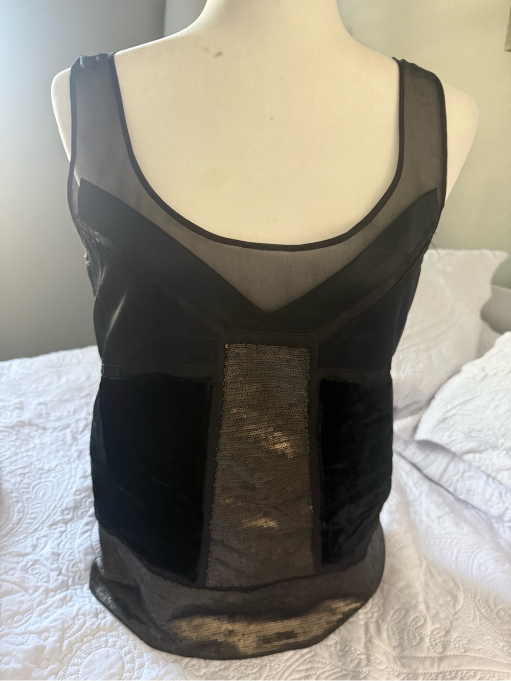 Diane Von Furstenberg Black Sheer Mesh Tank with Velvet & Sequin Panel